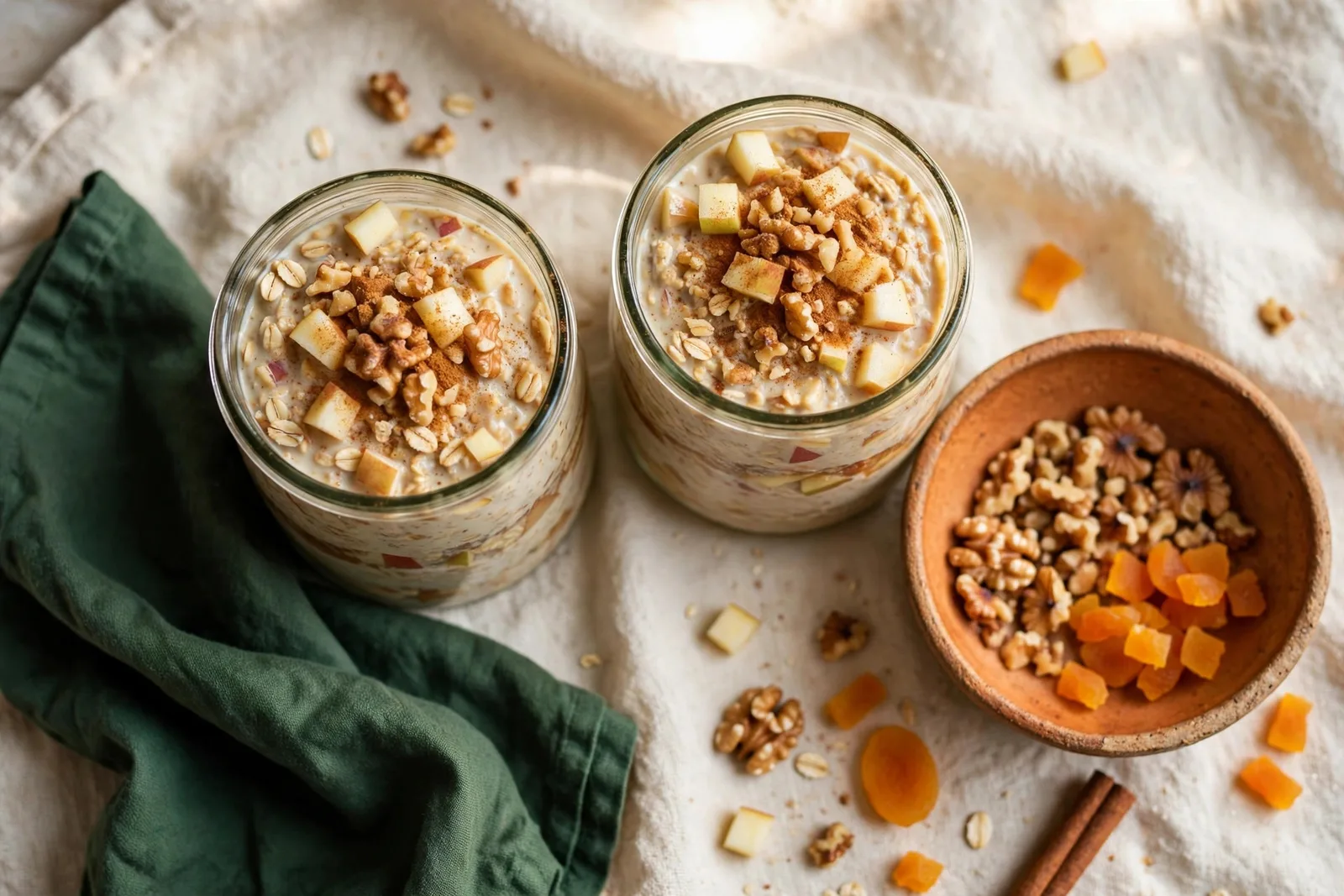 Two glass jars of apple pie overnight oats topped with diced apple, cinnamon and chopped walnuts