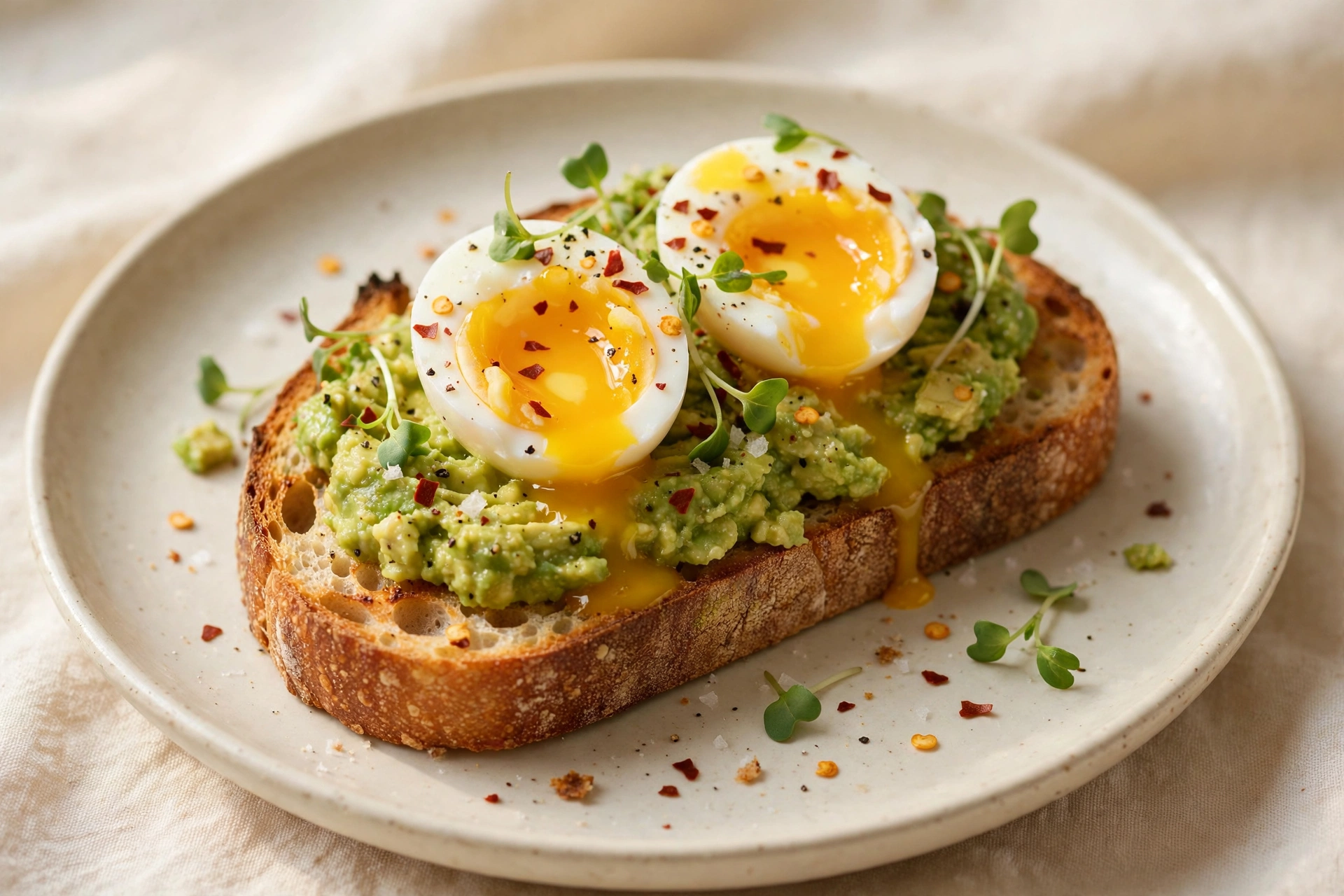 Two slices of sourdough with smashed avocado, halved jammy eggs and chili flakes