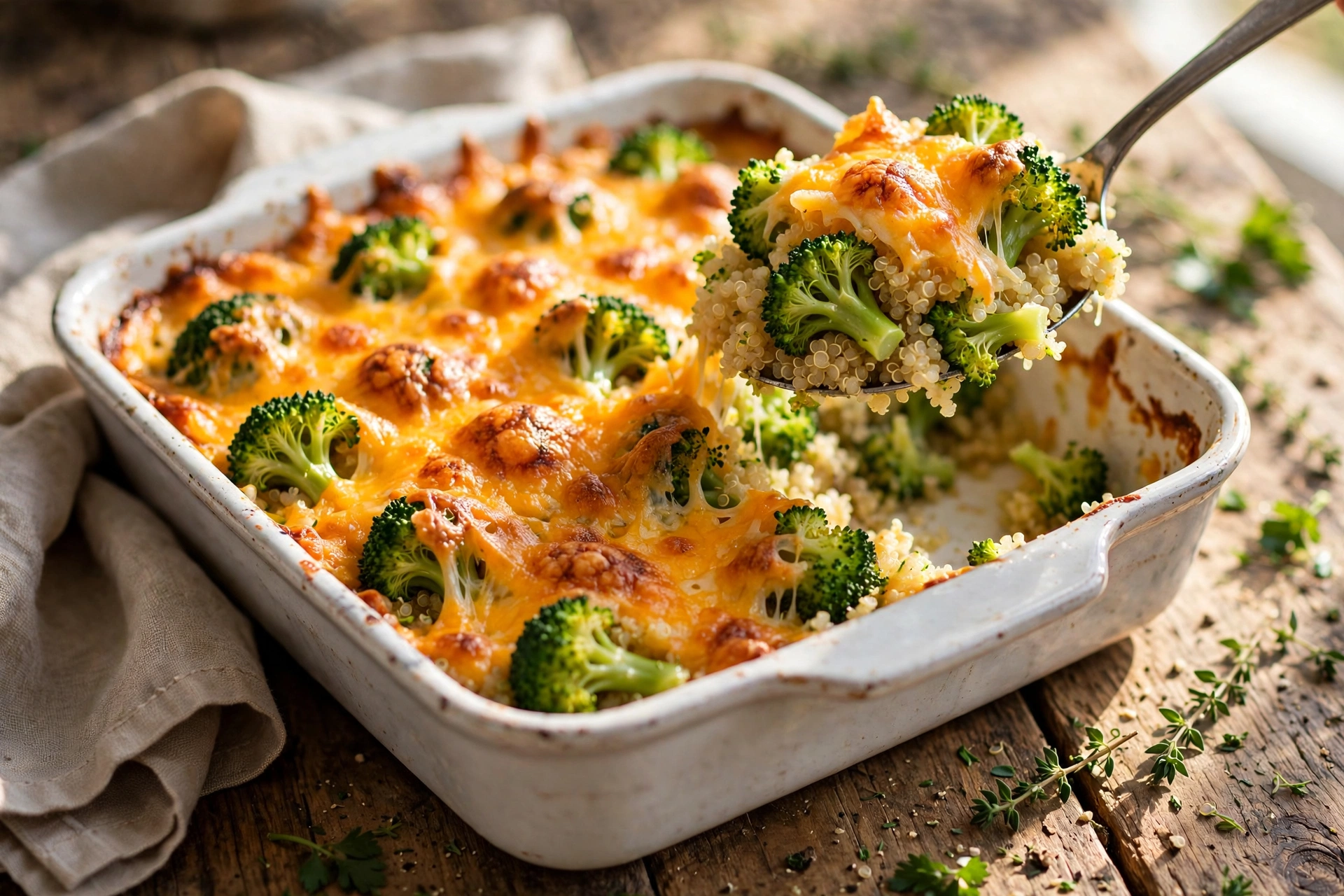 Golden baked casserole of broccoli, quinoa and melted cheddar in a baking dish