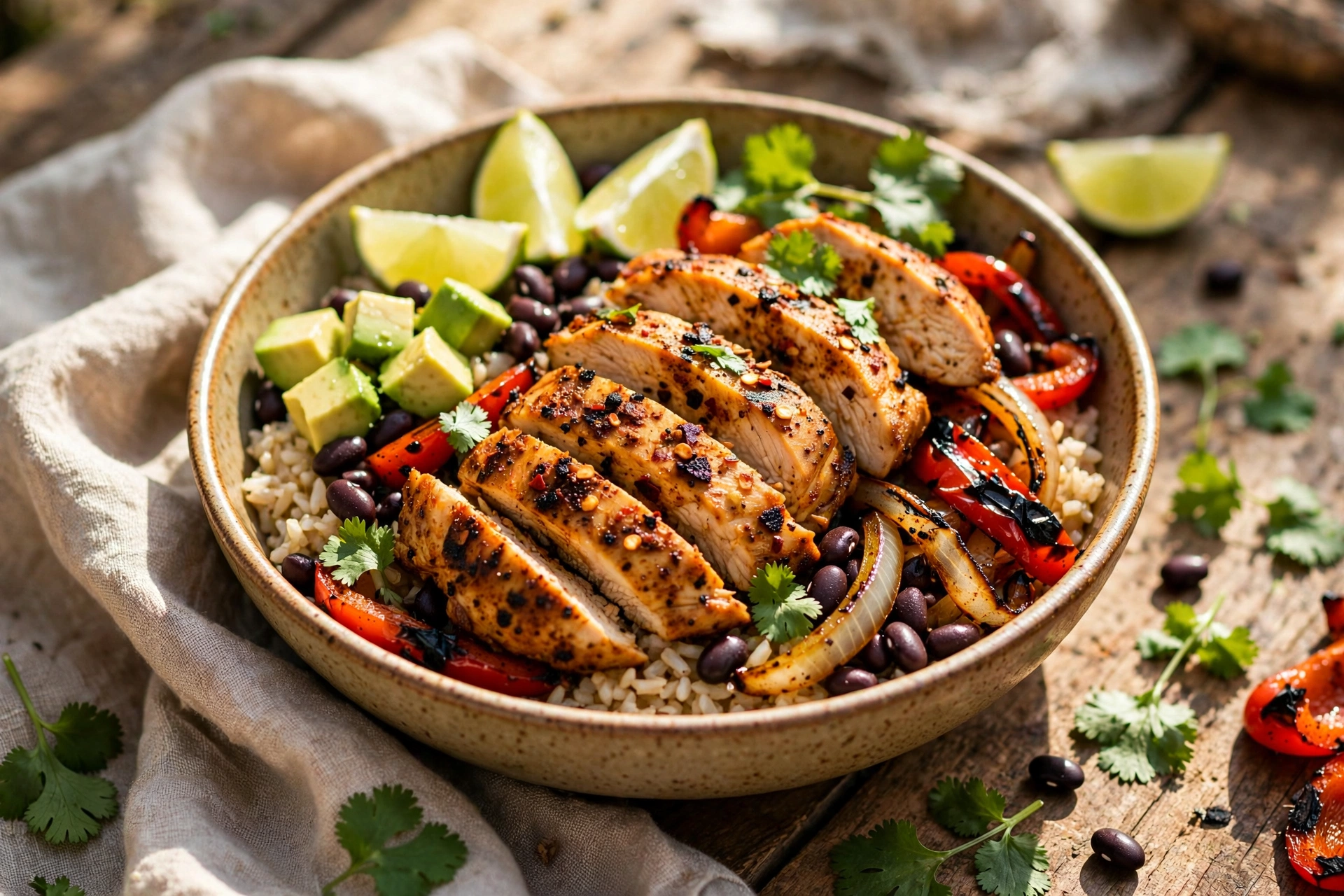 Rice bowl with sliced fajita chicken, charred peppers, black beans and avocado