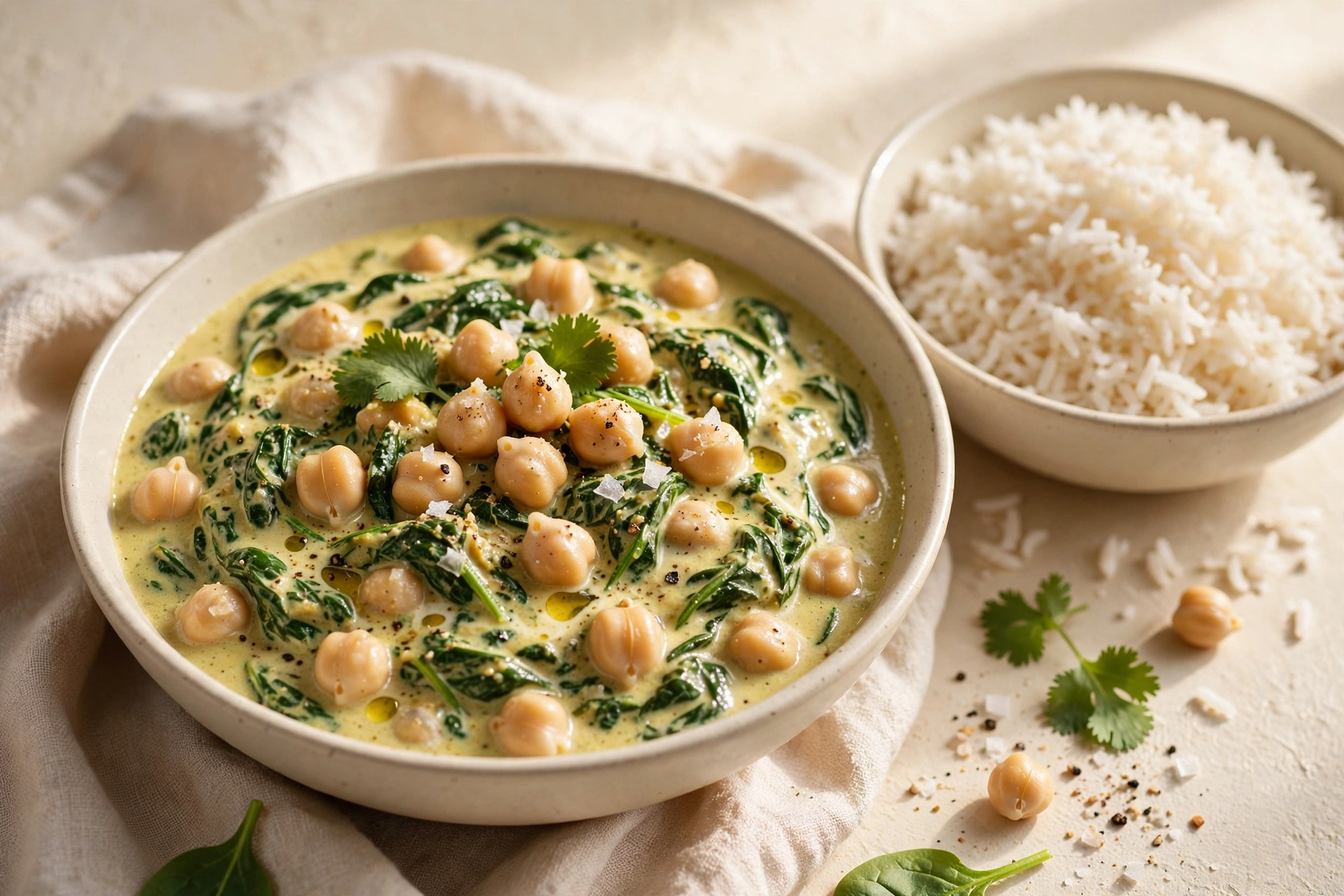 Bowl of chickpea and spinach curry over rice with lime wedge