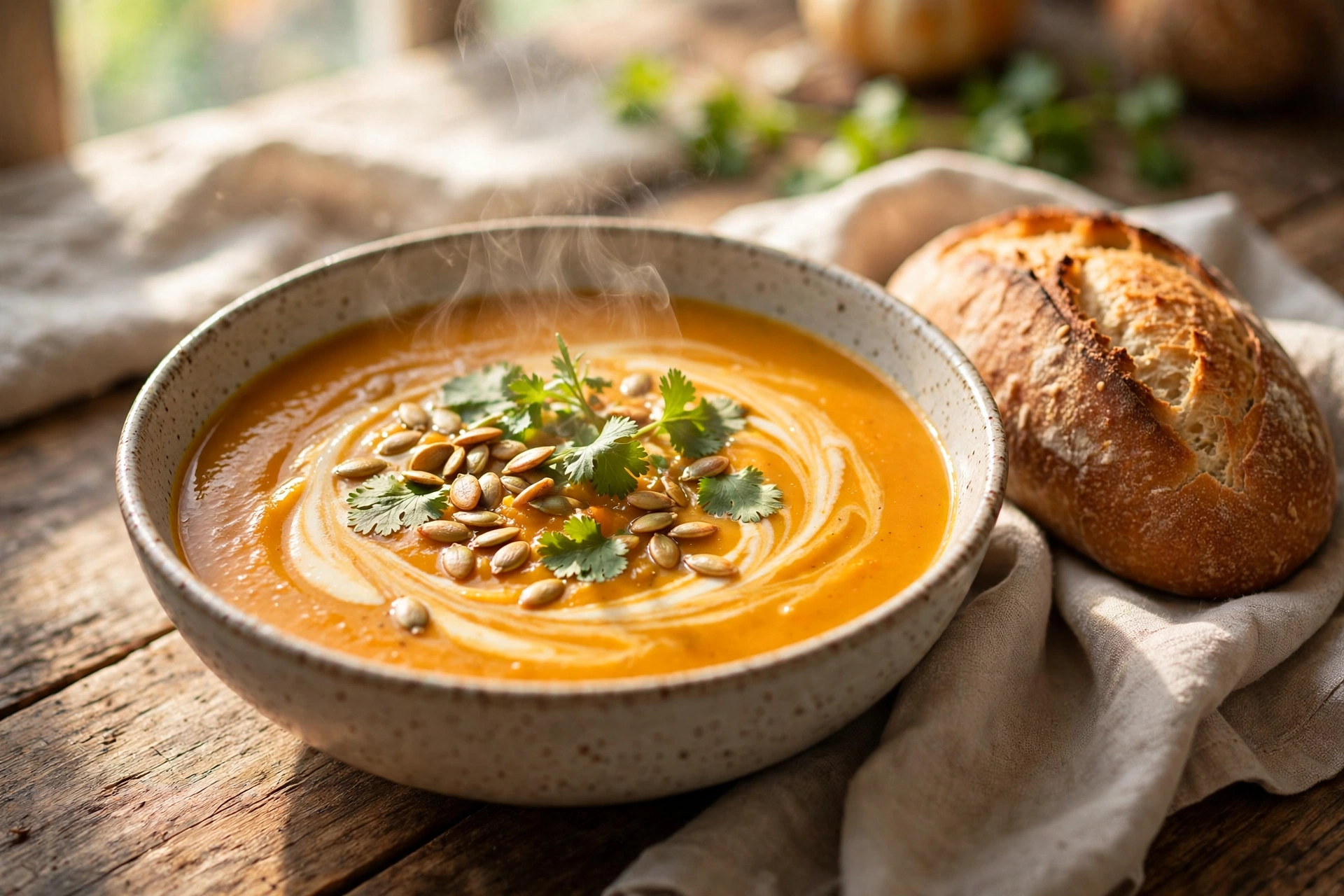 Bowl of orange coconut pumpkin soup swirled with coconut cream and pumpkin seeds