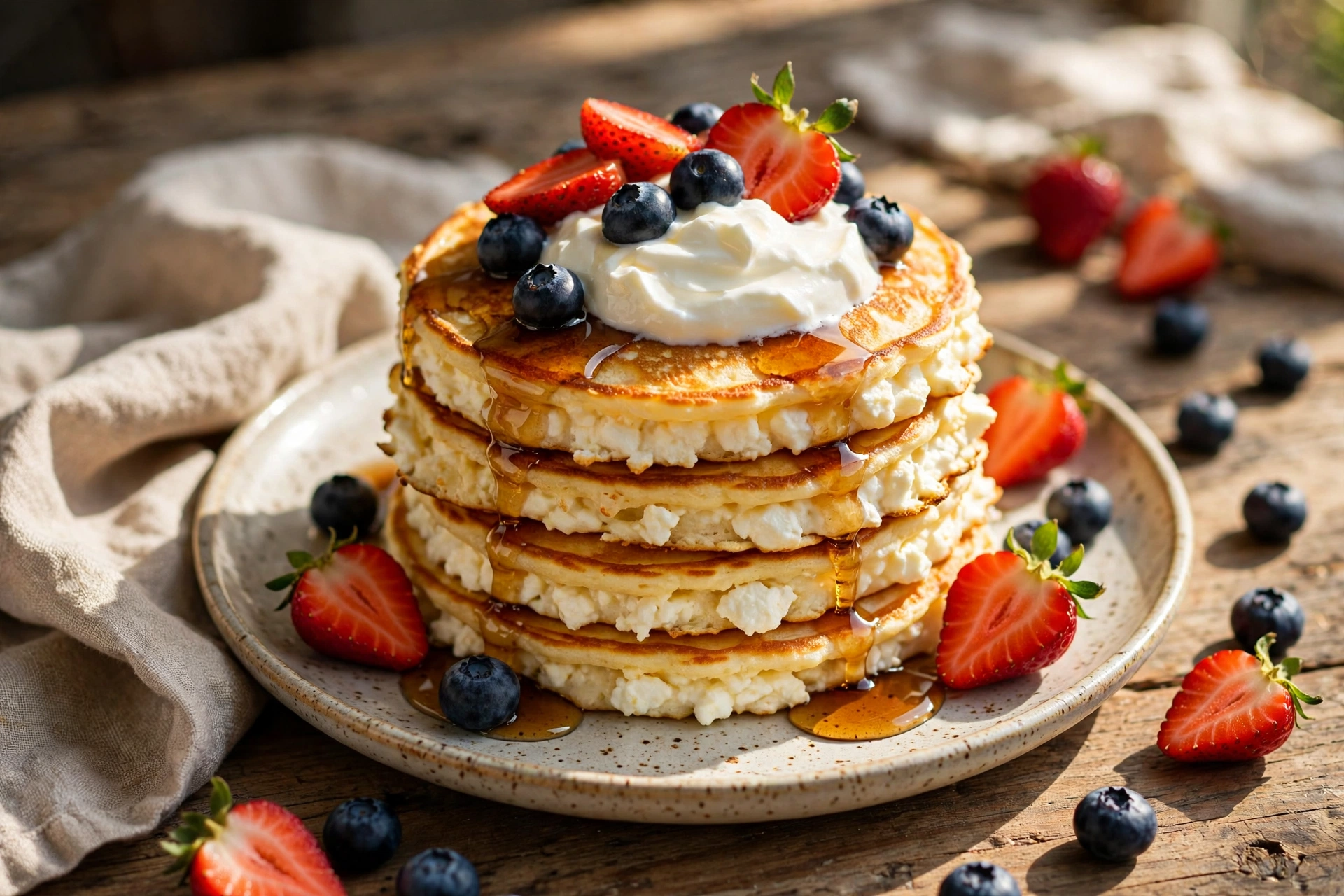 Stack of golden cottage cheese pancakes topped with blueberries and honey
