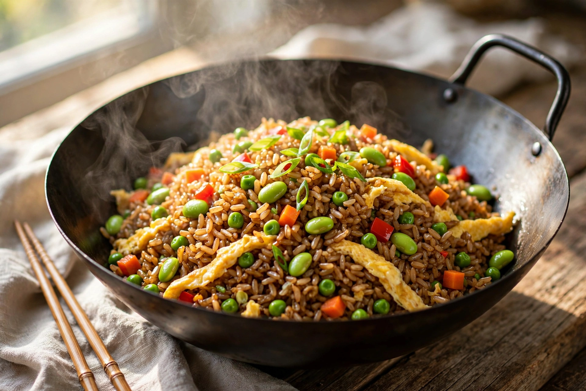 Wok of fried rice with edamame, carrots, peas and scrambled egg