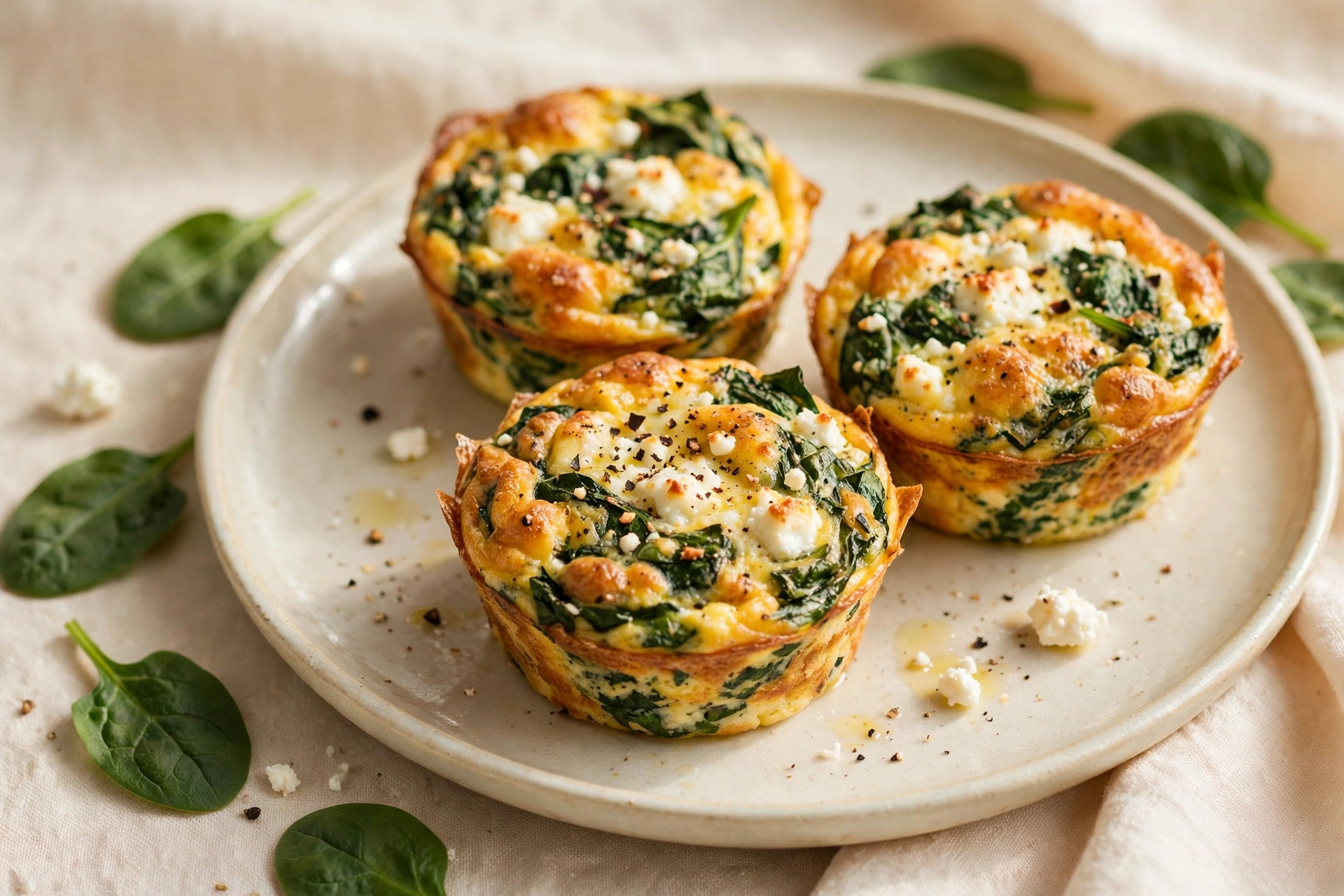 Baked egg muffin cups with spinach and feta in a muffin tin
