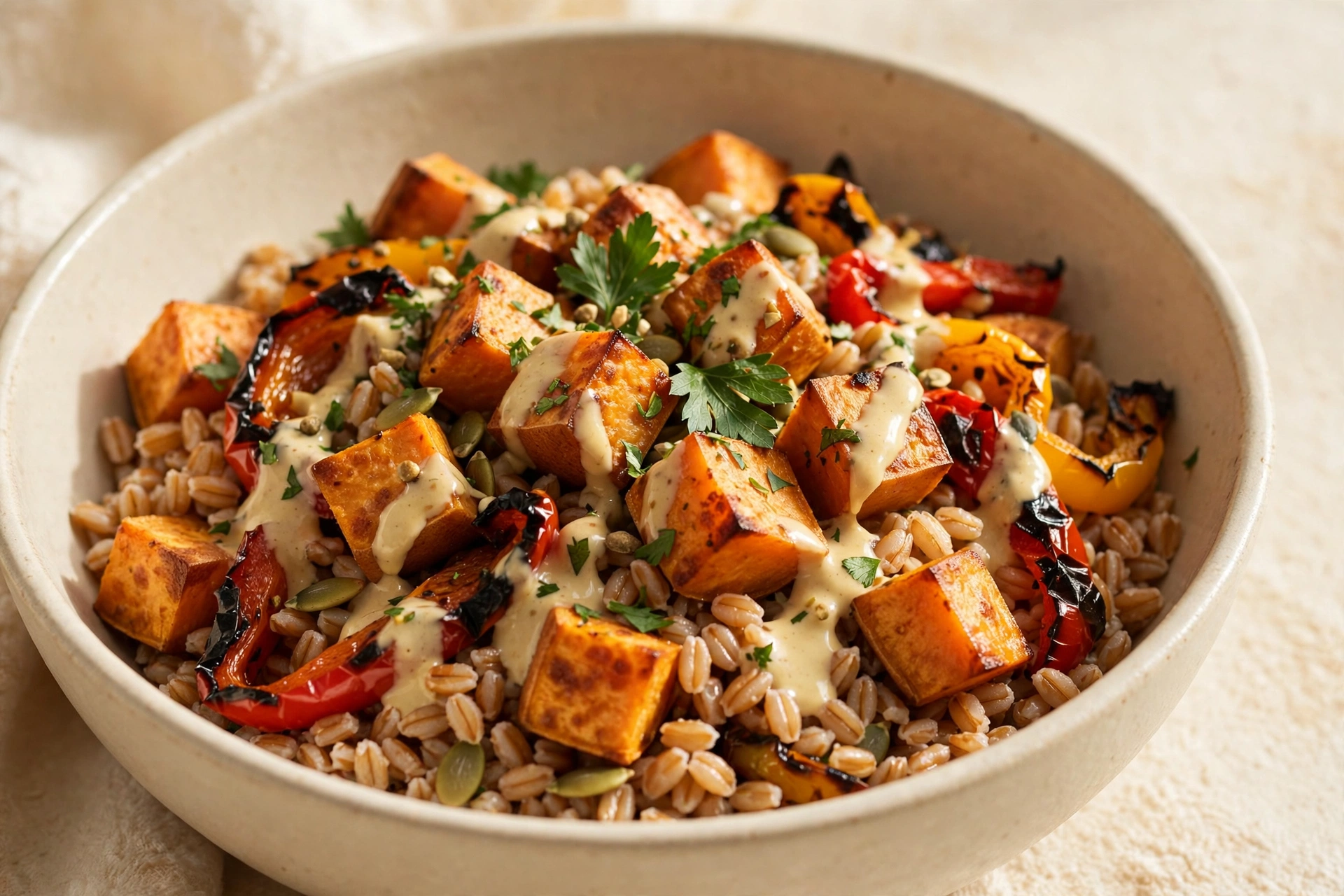 Farro grain bowl with roasted sweet potato, bell peppers and tahini drizzle