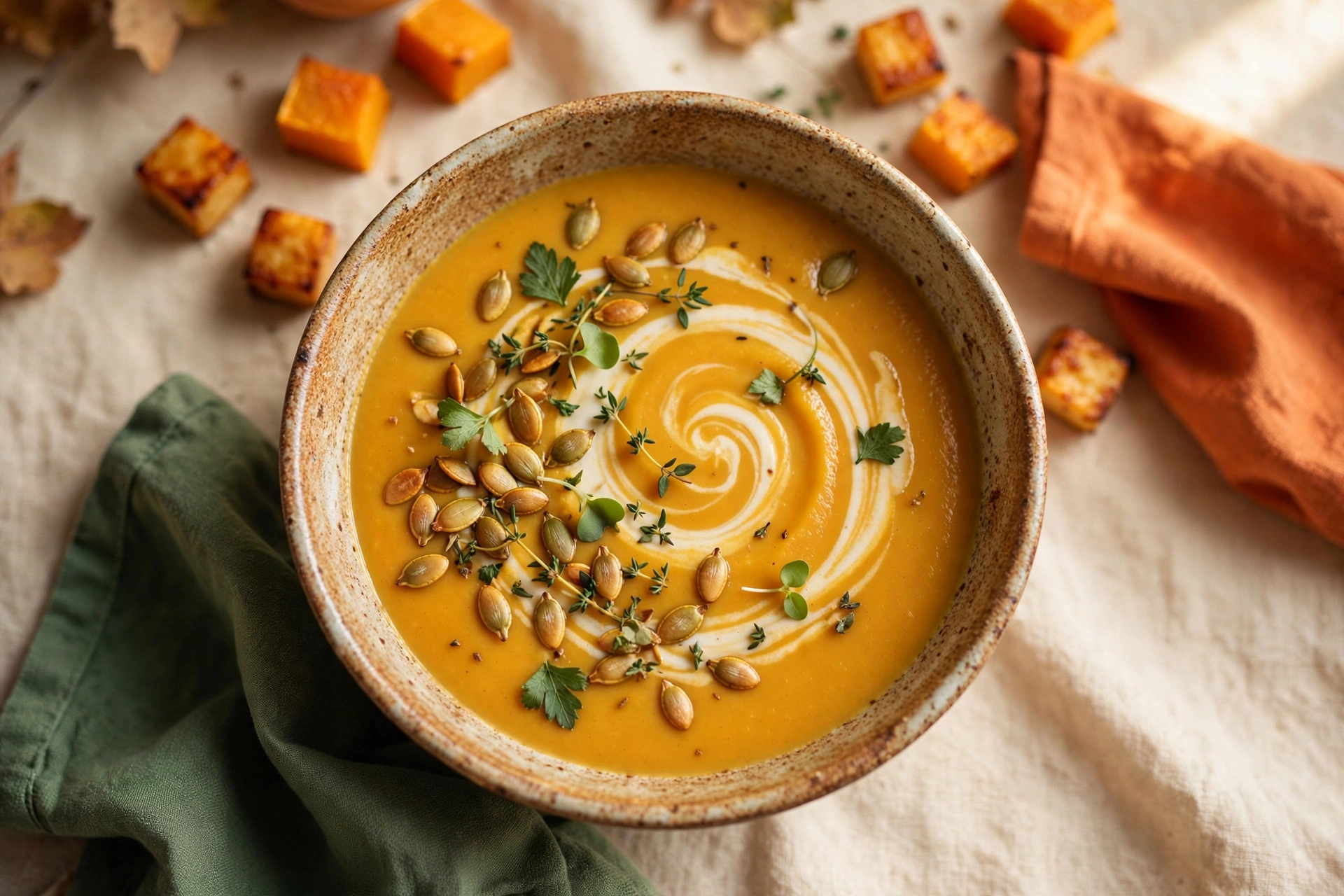 Rustic ceramic bowl of velvety roasted butternut squash soup with a coconut milk swirl, toasted pumpkin seeds and fresh herbs, on a cream tablecloth with a deep-green napkin and roasted squash cubes
