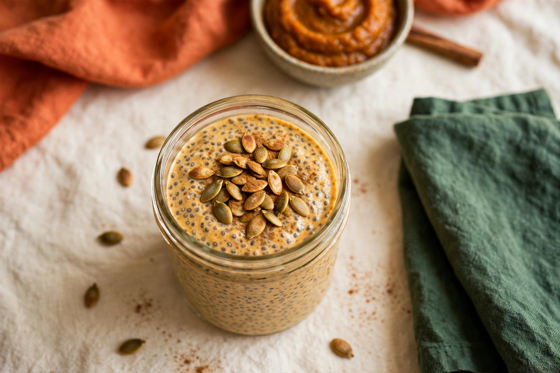 Glass jar of pumpkin chia pudding topped with toasted pumpkin seeds and a dusting of cinnamon, on a cream cloth with a deep-green napkin