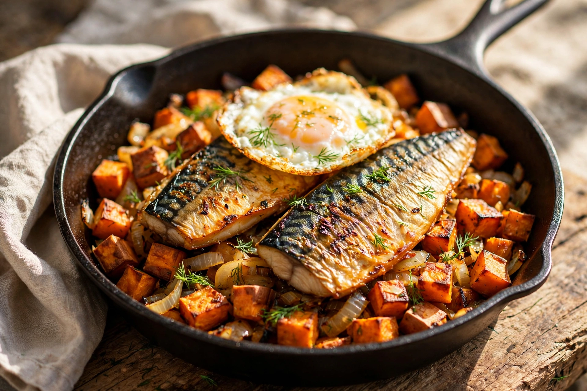 Skillet hash of diced sweet potato and mackerel topped with fried eggs and herbs