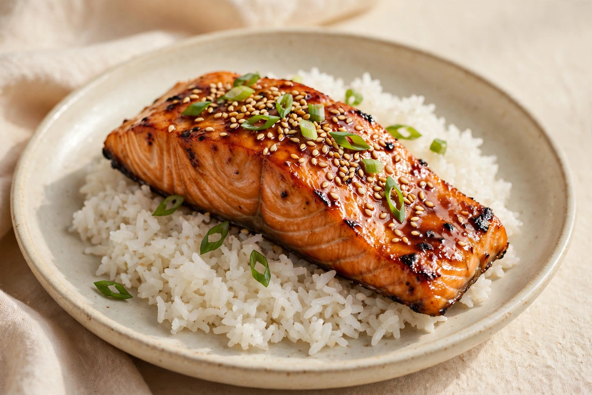 Miso-glazed salmon fillet over steamed rice with sesame seeds and scallions