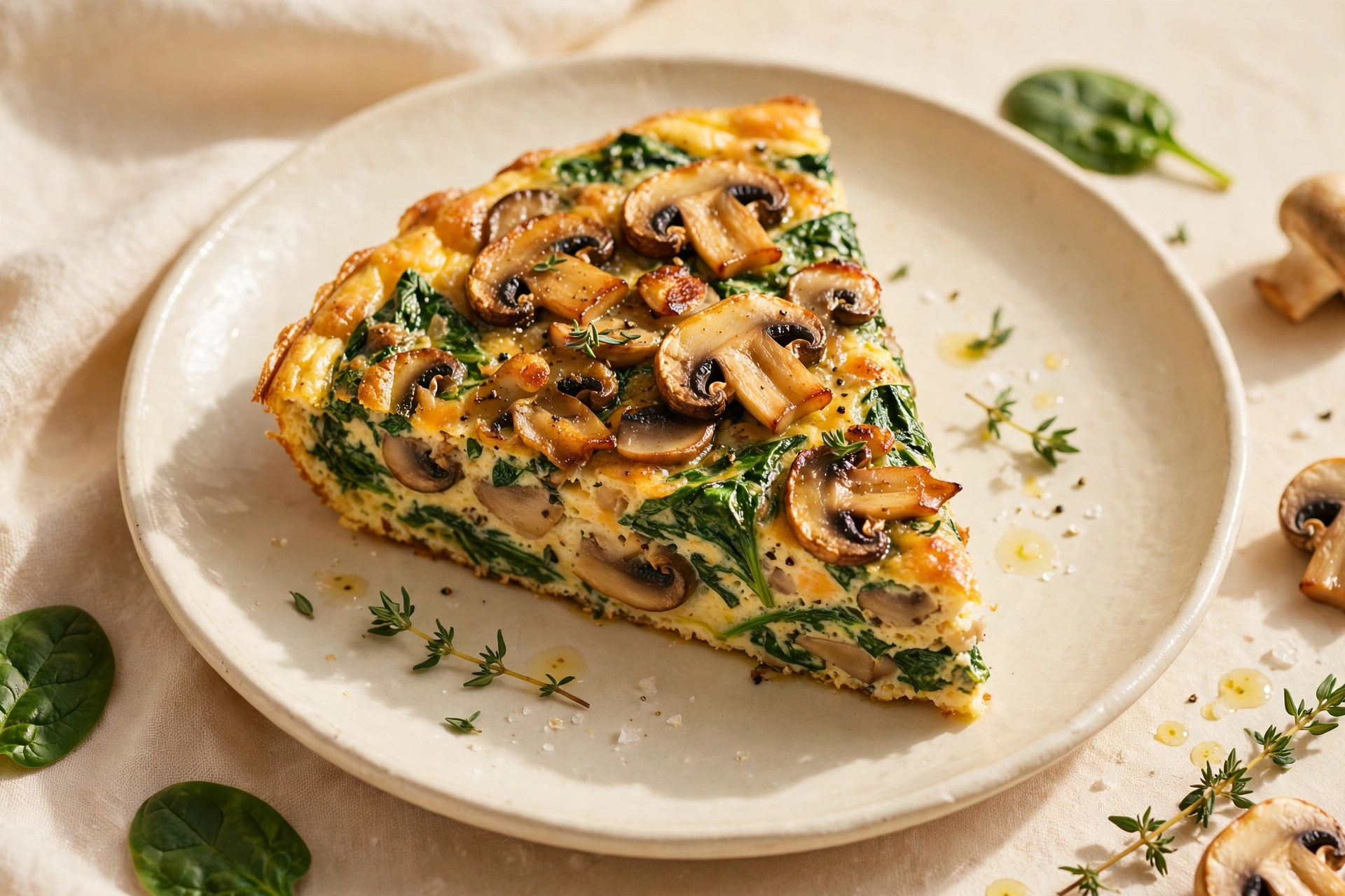 Golden mushroom and spinach frittata sliced in a skillet