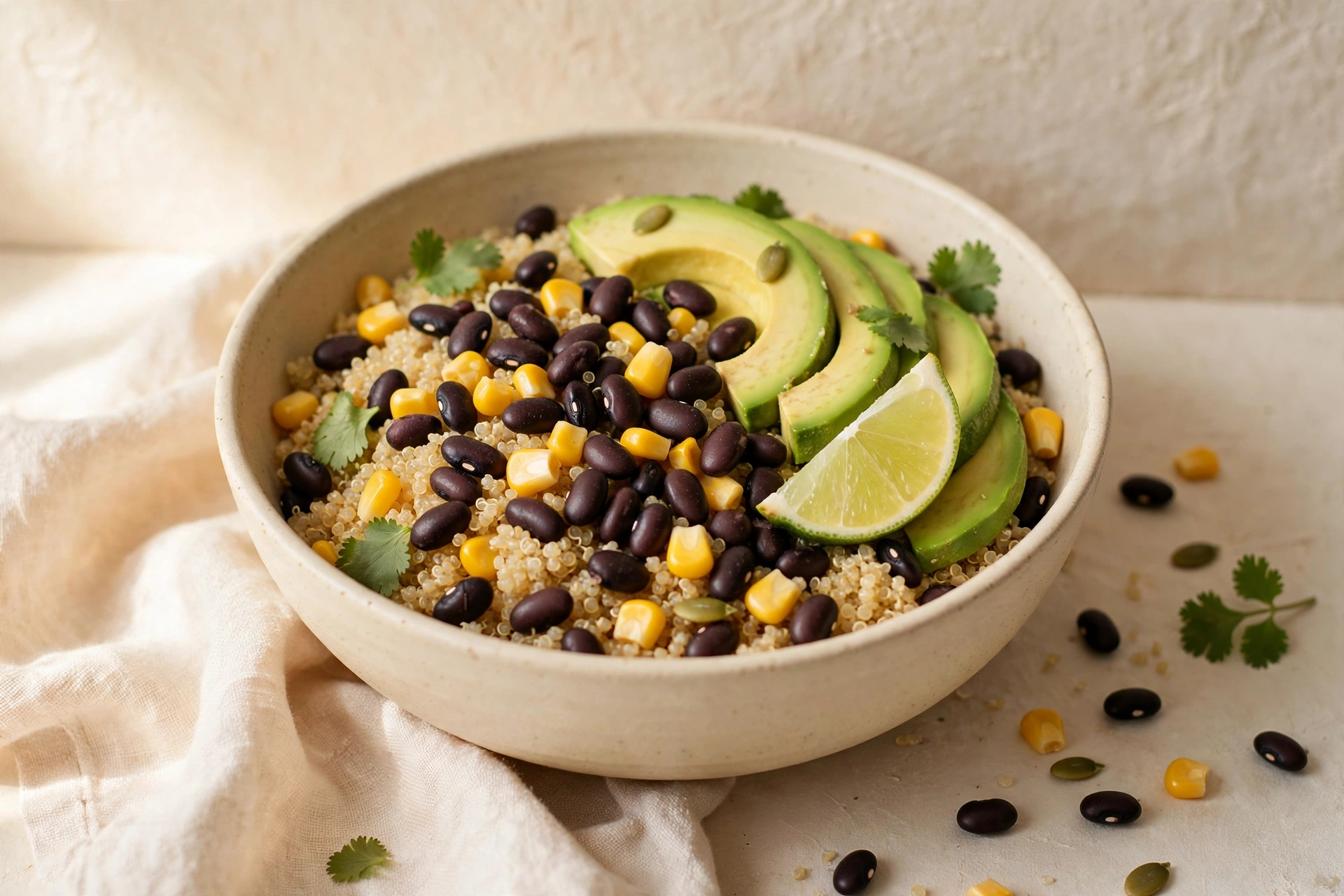 Quinoa power bowl with black beans, charred corn, avocado and lime wedges