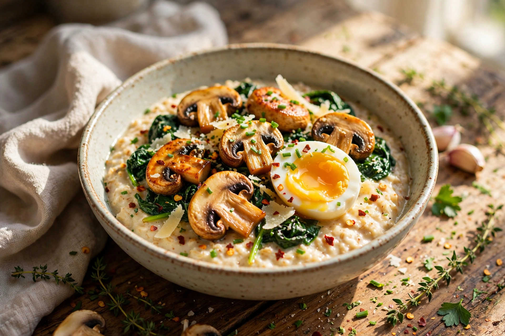 Bowl of creamy savory oatmeal topped with sauteed mushrooms, spinach and a soft egg