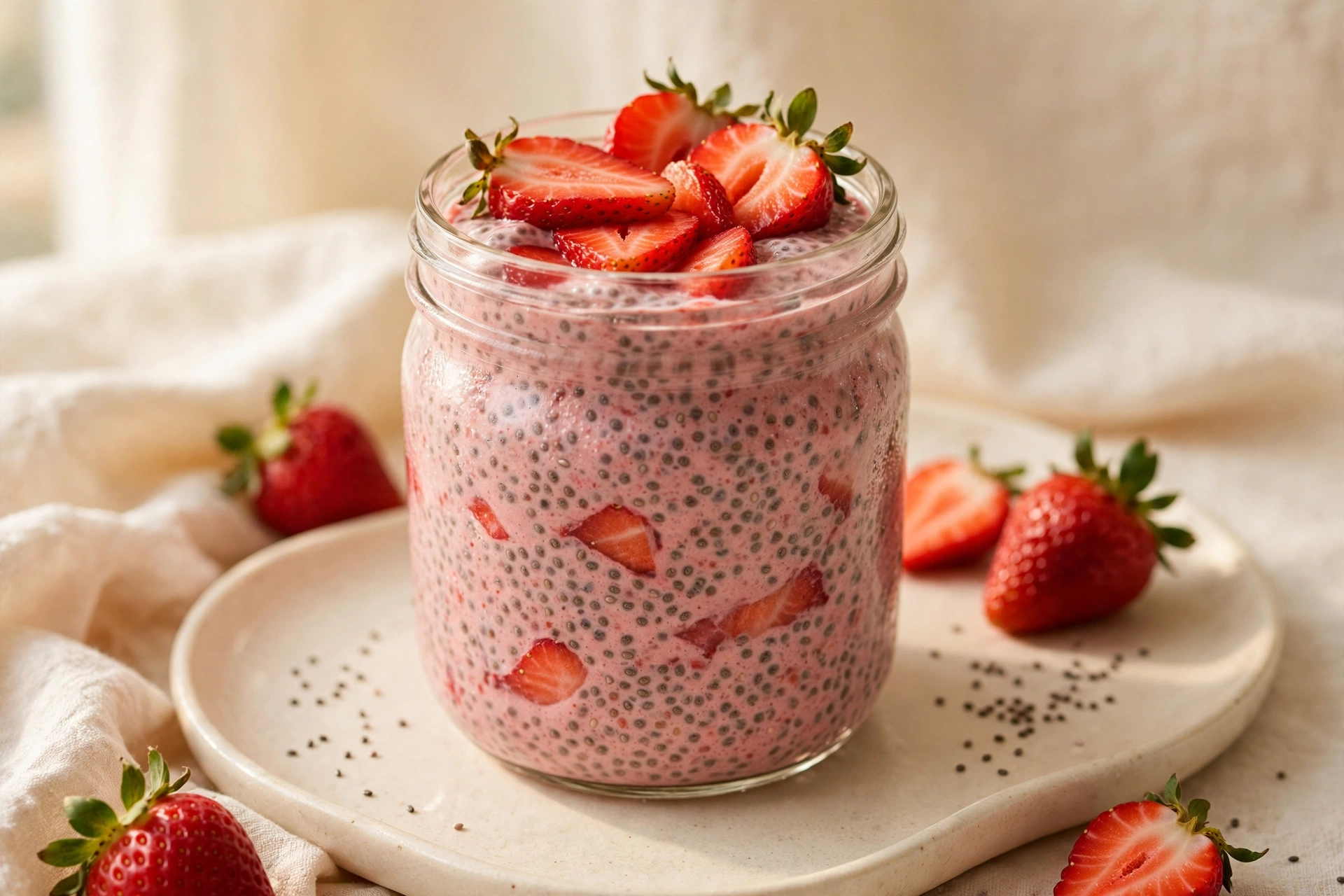 Glass jar of strawberry chia pudding layered with fresh strawberries