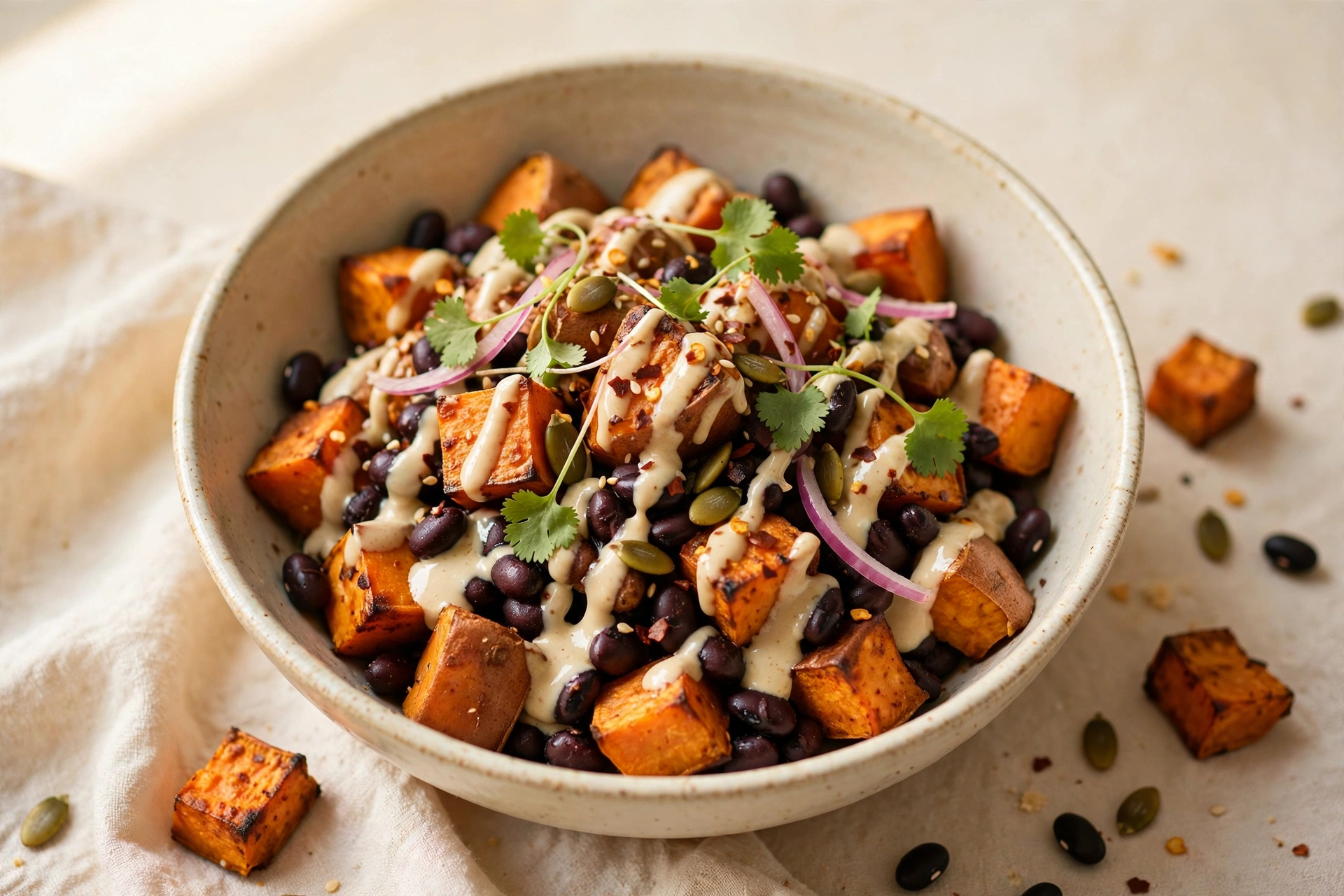 Bowl of roasted sweet potato and black beans over rice with tahini drizzle