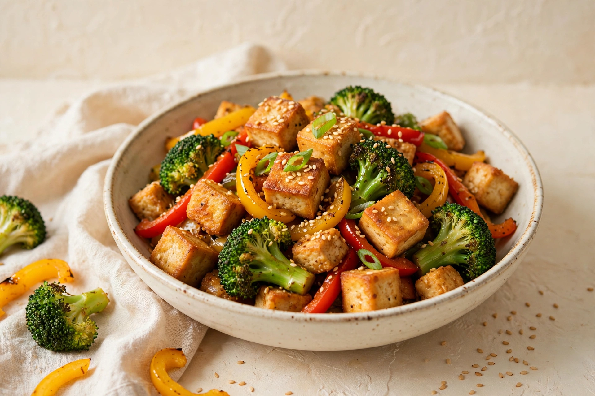 Crispy tofu stir-fry with bell peppers and broccoli over rice, sesame seeds on top