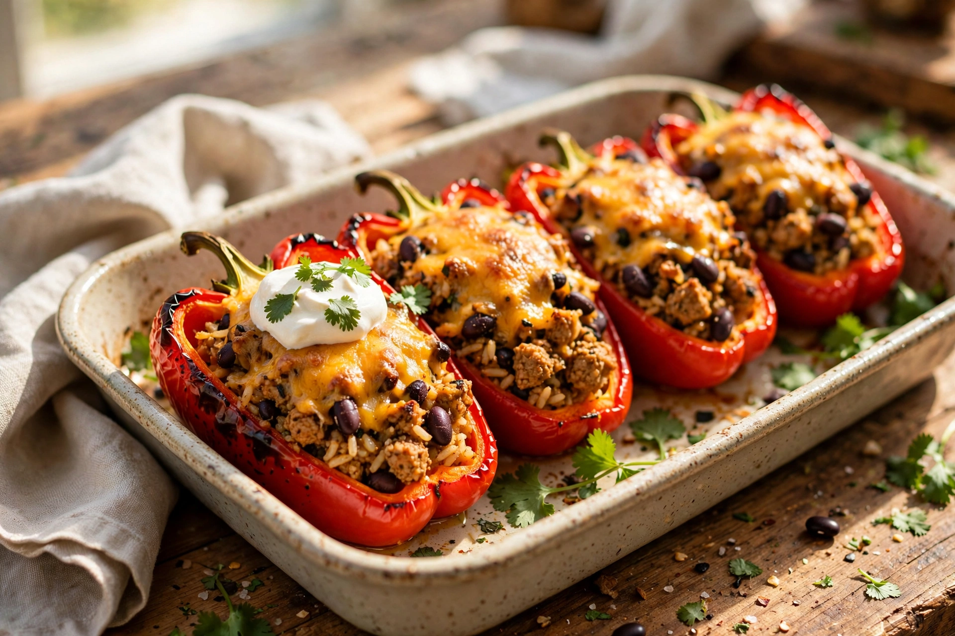 Baked bell peppers stuffed with turkey rice filling and melted cheddar